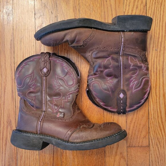 Justin Western Boots 7.5B Leather Brown Pink Stitching GYPSY Western Cowboy - Picture 1 of 9